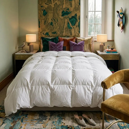 Woolups Neatly made bed with a British Wool Cashmere Duvet on top.